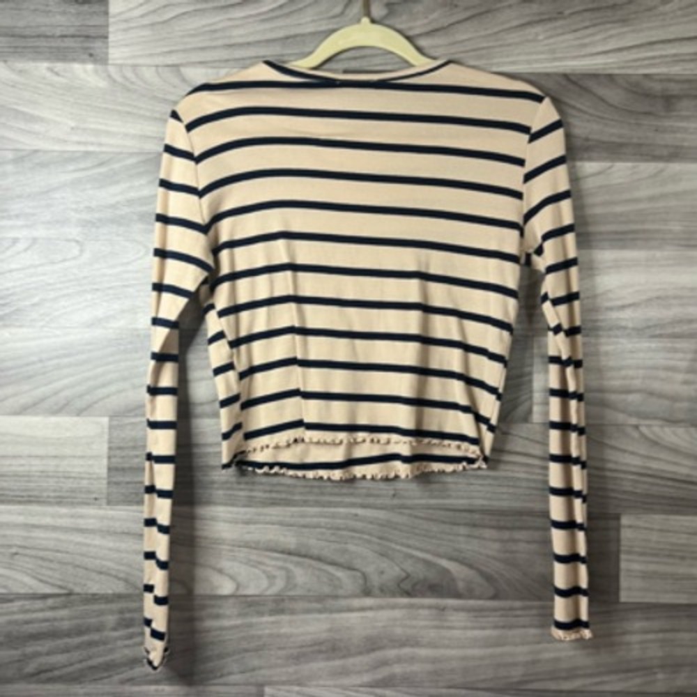 Topshop Womens Crop Top Beige Striped Long Sleeve Scoop Neck Lettuce Edge 8 - Picture 9 of 12
